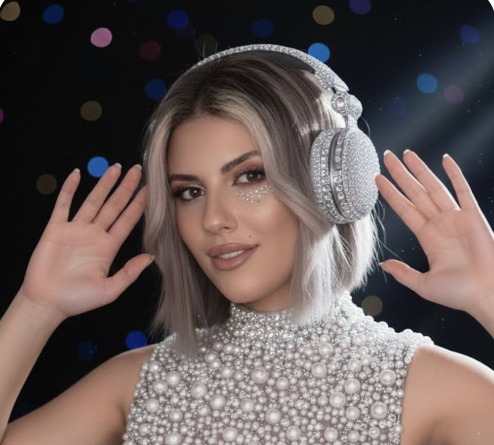 Portrait of DJ Rain wearing crystal headphones and a pearl-detailed dress