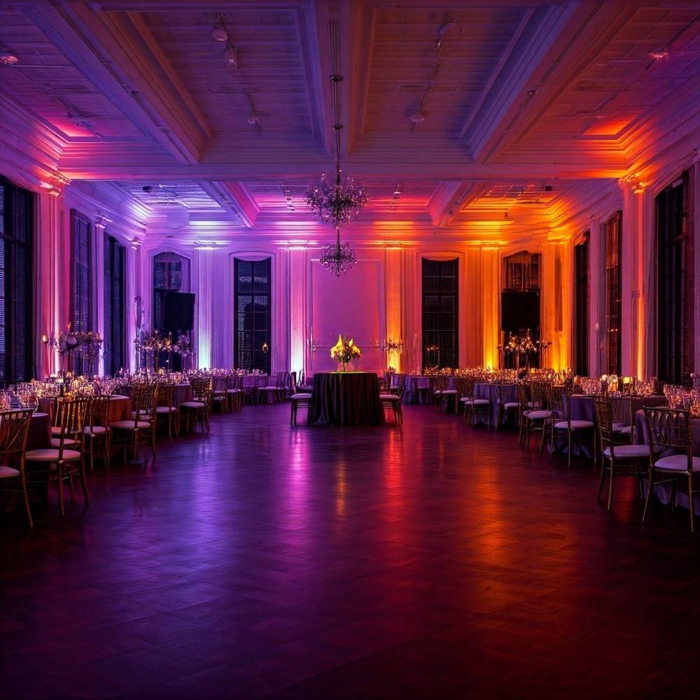 Ballroom walls washed in purple, pink and amber uplighting around the reception tables